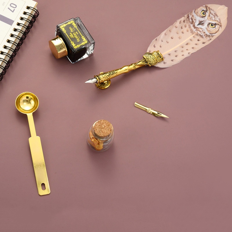 Hộp Bút Thư Pháp Hình Chim Cú Lông Vũ Thư Pháp Cổ Điển Với Ngòi Sáp Đóng Dấu Niêm Phong