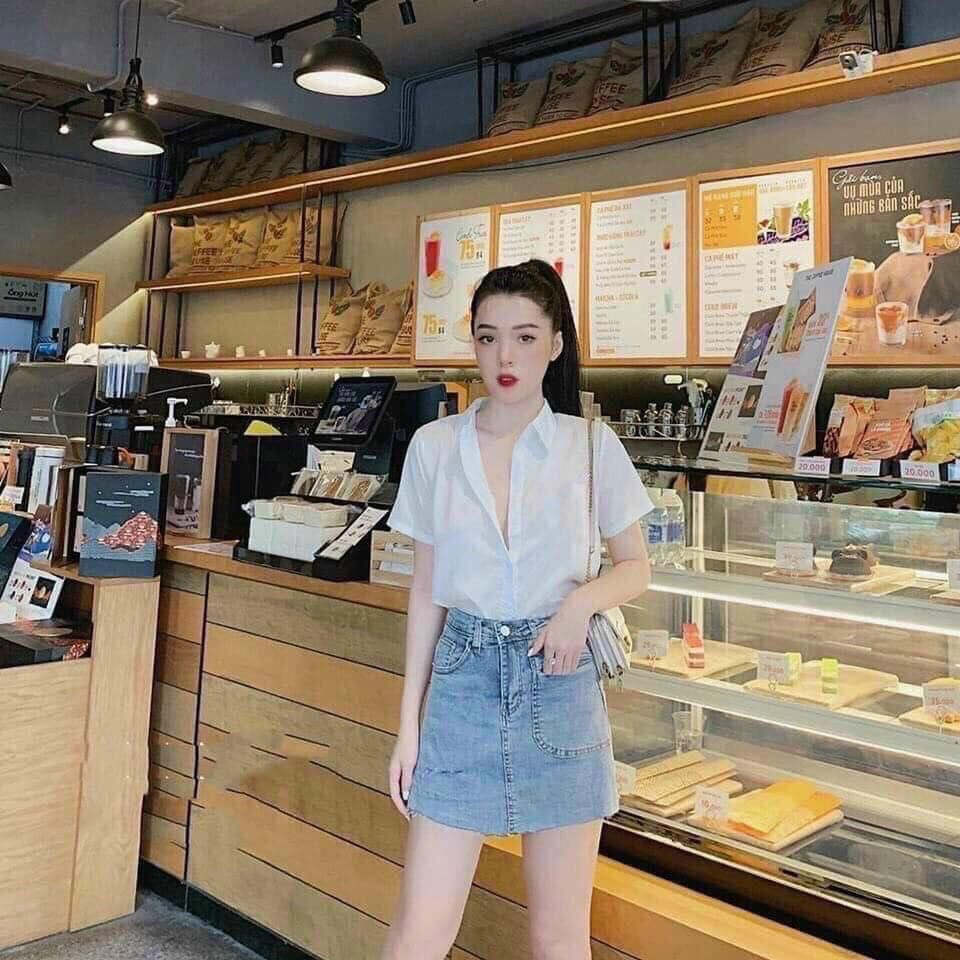 Áo sơ mi nữ cộc tay GU chất đũi mềm mát chống nhăn xuất nhật túi zip-Mai Thỏ Shop-