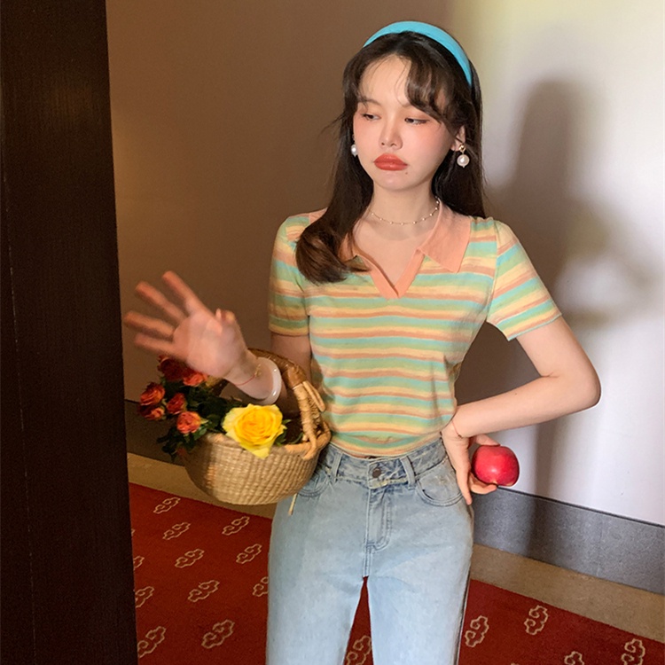 【ZHELIHANGFEI】Áo Thun POLO Tay Ngắn Cổ POLO Họa Tiết Kẻ Sọc Phối Dây Rút Thời Trang Trẻ Trung