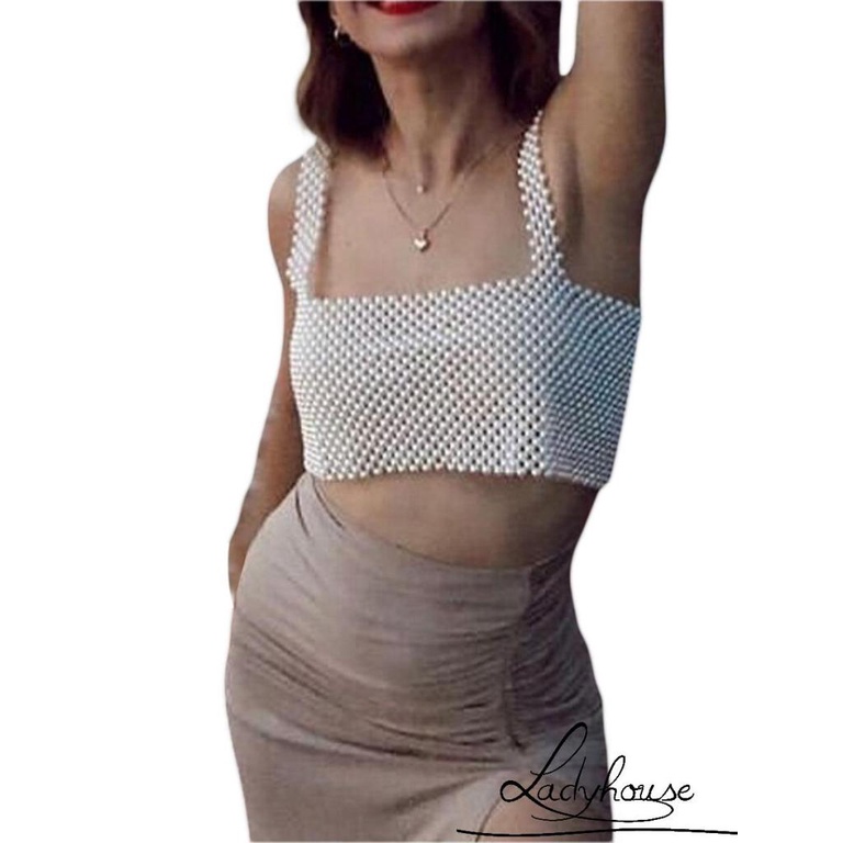 Áo Croptop Hai Dây Màu Trơn Đính Hạt Trang Trí Dành Cho Nữ