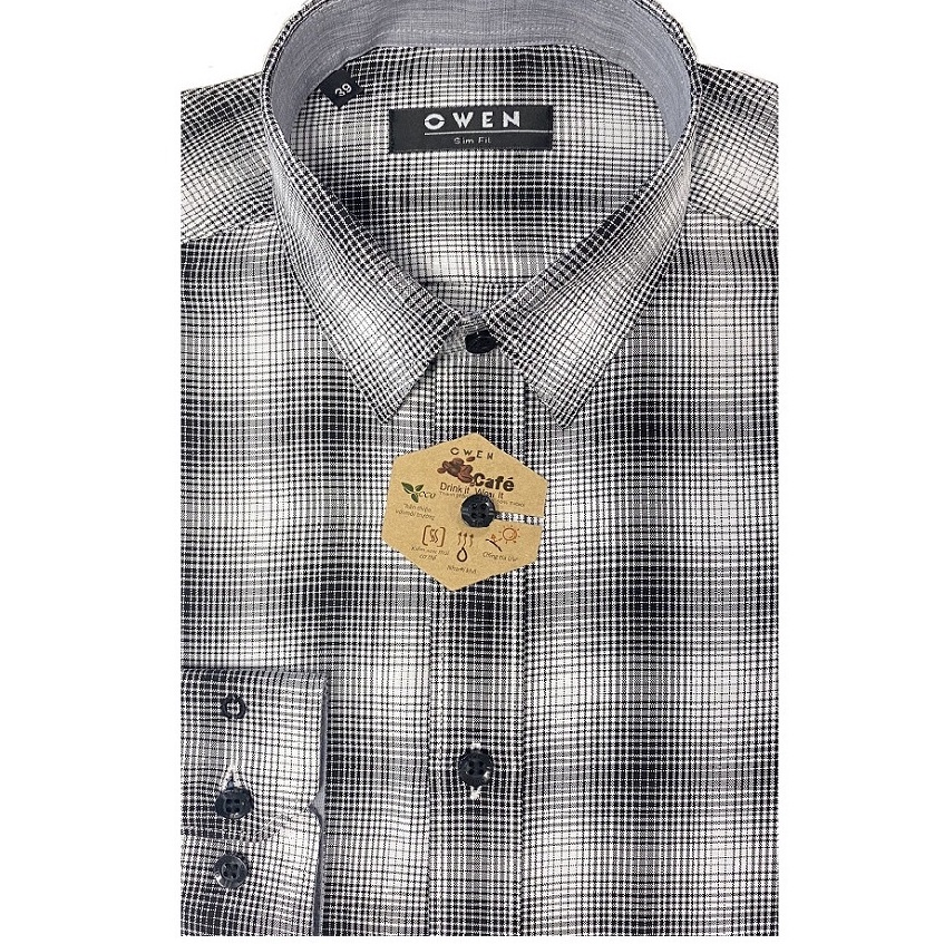 Áo Sơ Mi Nam Dài Tay Owen AS23354D Caro Sọc Loang Trắng Dáng Slim Fit Không Túi Chất Liệu Café