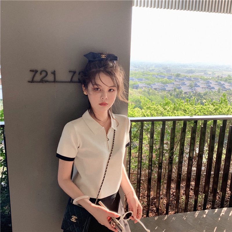 Áo thun IELGY tay ngắn cổ polo dệt kim thời trang cho nữ