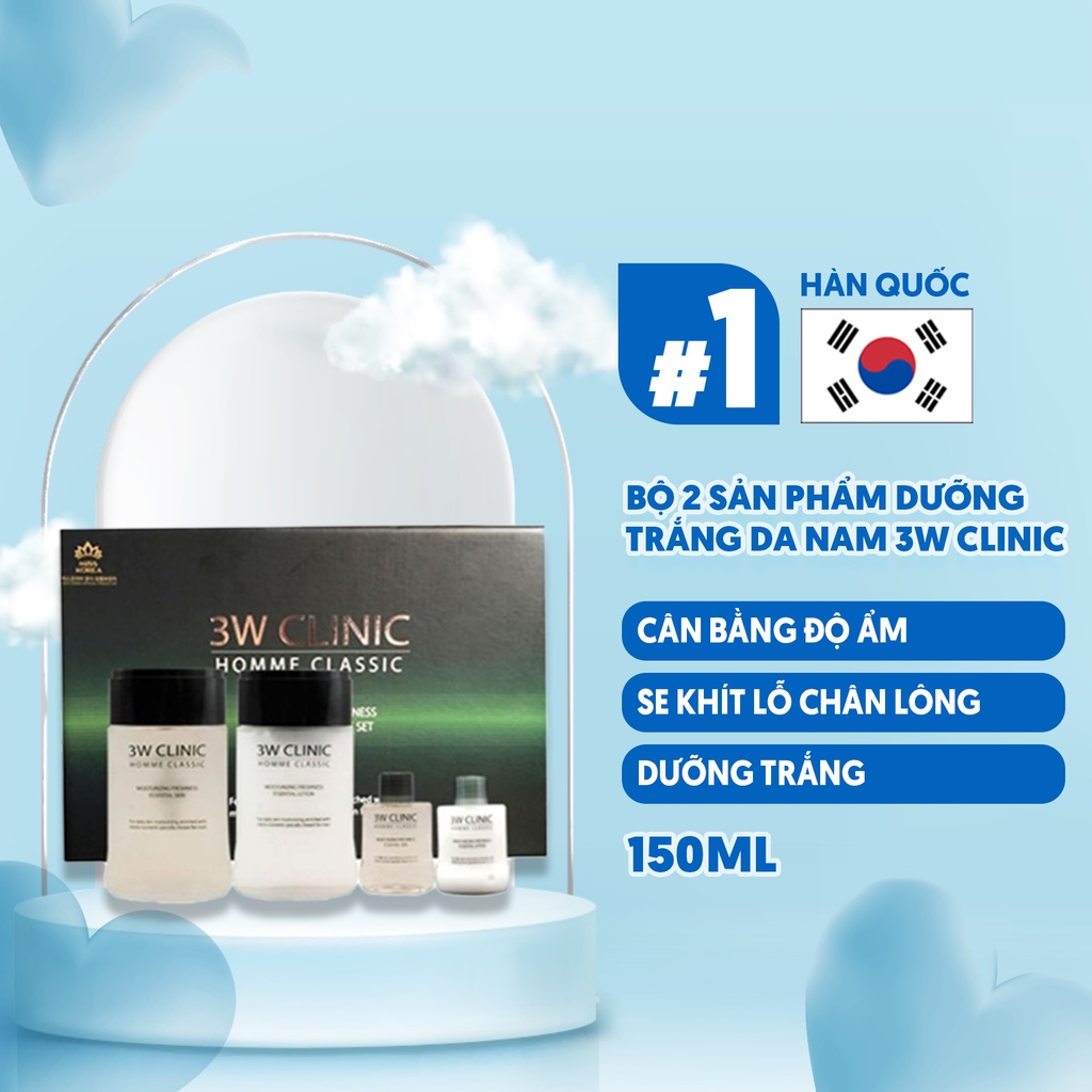 Bộ 2 Sản Phẩm Dưỡng Trắng Da Nam - 3W CLINIC Homme Classic Moisturizing Freshness Essentia 2 Items Set 3W016