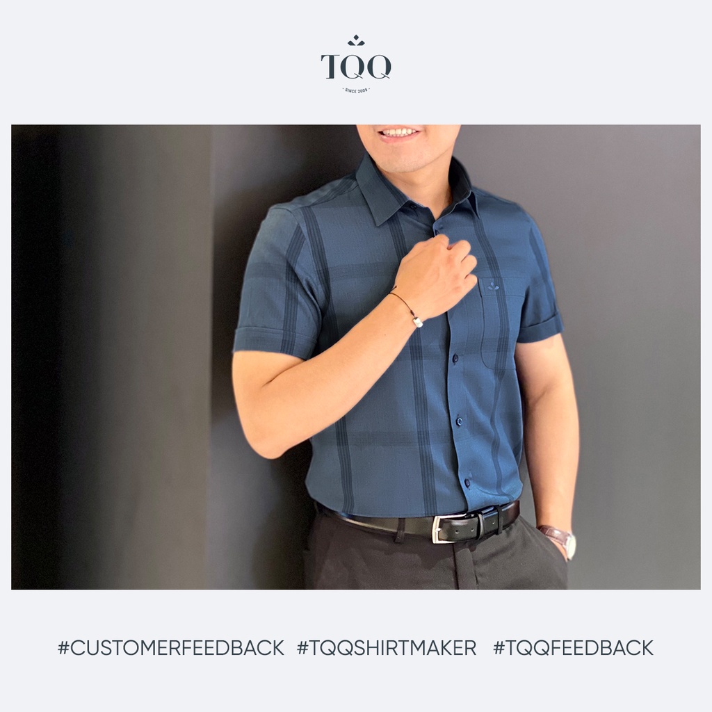 Áo sơ mi nam ngắn tay TQQ có co dãn hạn chế nhăn dáng Slimfit công sở ôm nhẹ K423CSC-CB màu xanh lông công
