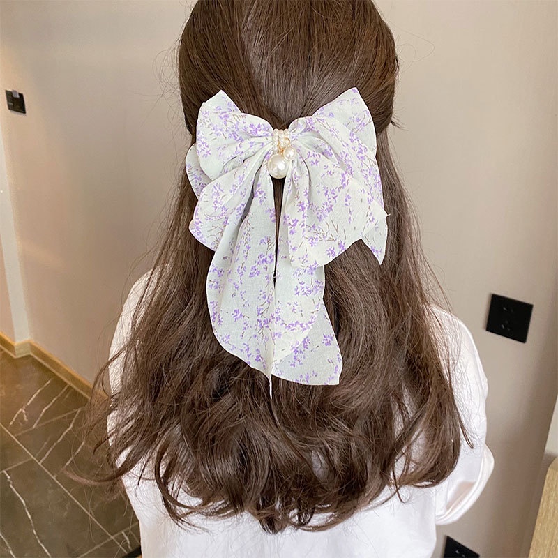 Kẹp Tóc Mỏ Vịt Thắt Nơ Lưng Bằng Vải In Họa Tiết Hoa Nhỏ Ngọt Ngào Cho Nữ