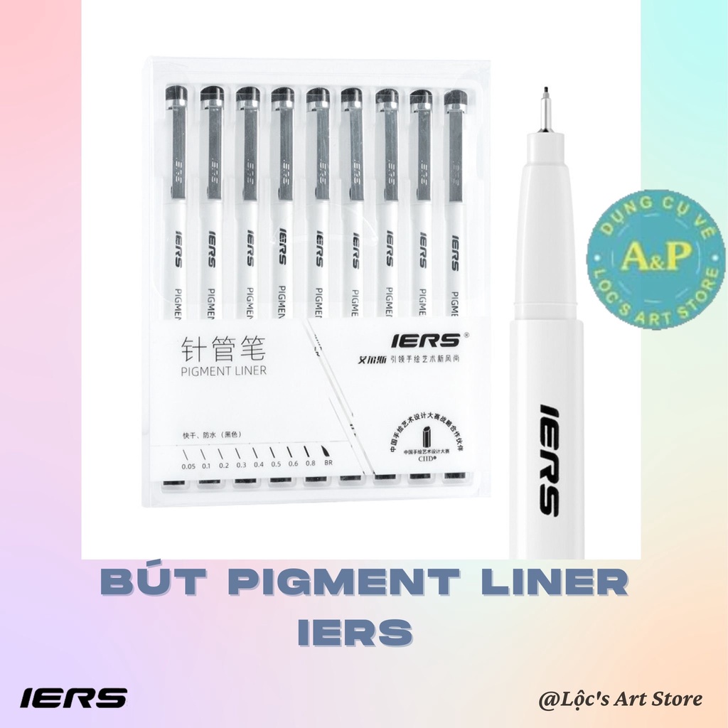 [Lộc's Art Store] Bộ 9 Cây Bút Đi Nét / Bút Kim IERS Mực Đen Kháng Nước (Pigment Liner IERS 9 PCS)