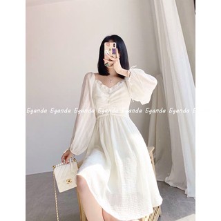 Đầm / váy trắng dài tay rúm ngực, váy trắng tay bồng cổ nhúm, váy dự tiệc, váy ăn cưới, đầm dự tiệc