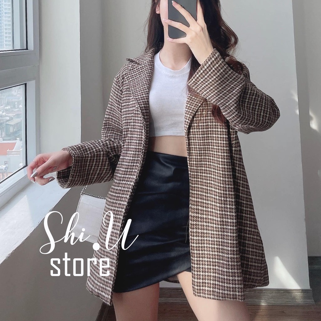 Áo Khoác Dạ Nữ Áo Vest Dạ Dài Tay Kẻ Răng Sói Kèm Đai Buộc Eo Dáng Rộng Chất Dày Dặn Hàn Quốc