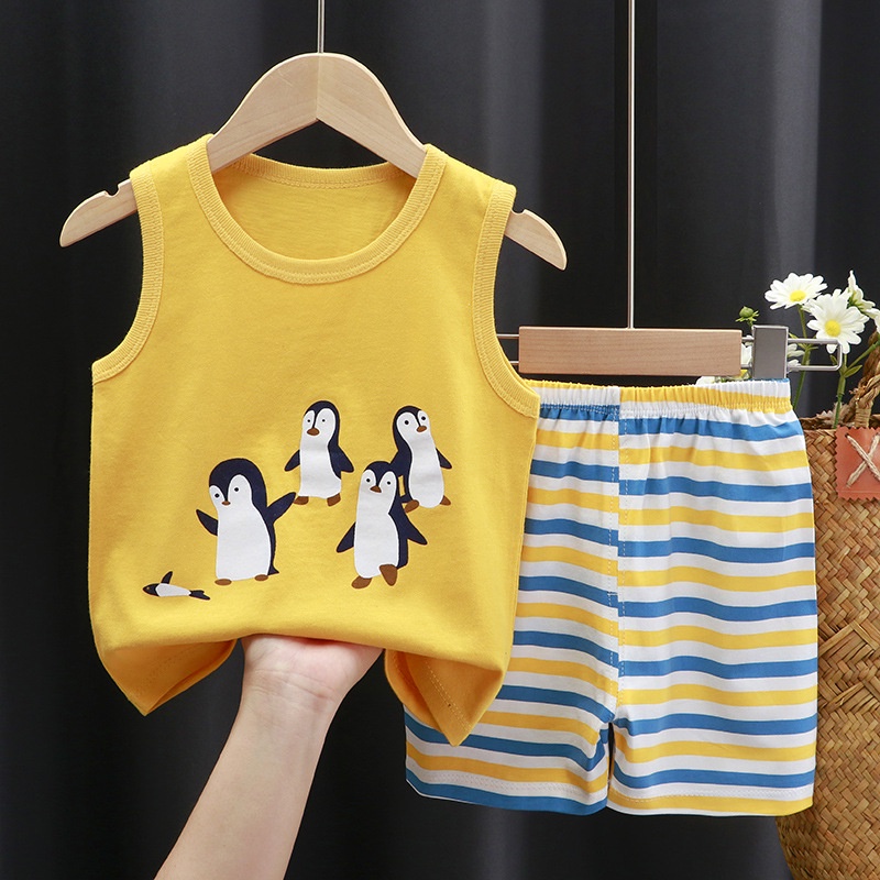 Set trang phục SANITKUN áo thun sát nách và quần đùi cotton in họa tiết hoạt hình đáng yêu dành cho bé trai và bé gái