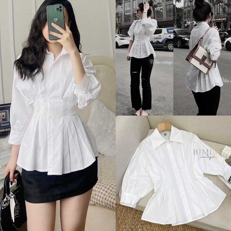 Áo sơ mi trắng chít eo kiểu Pháp thiết kế cổ bèo nơ đen Áo sơ mi cộc tay
