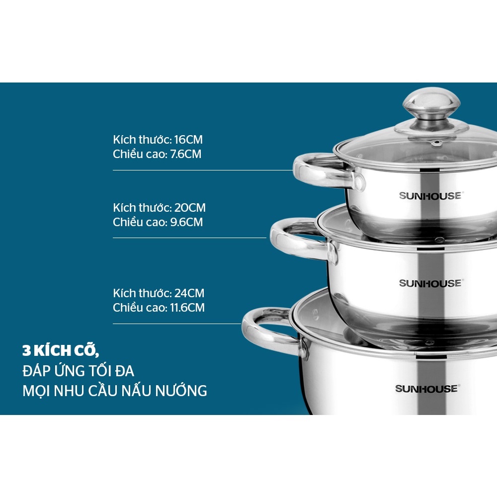 Bộ nồi inox 3 đáy -vung kính SUNHOUSE SH334 Kích thước 16cm – 20cm – 24cm dùng cho mọi loại bếp