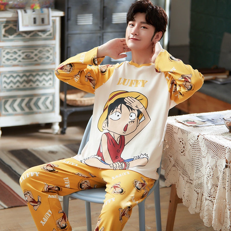 Bộ Đồ Ngủ Tay Dài Chất Liệu Cotton In Họa Tiết Hoạt Hình Dễ Thương Thời Trang Cho Nam
