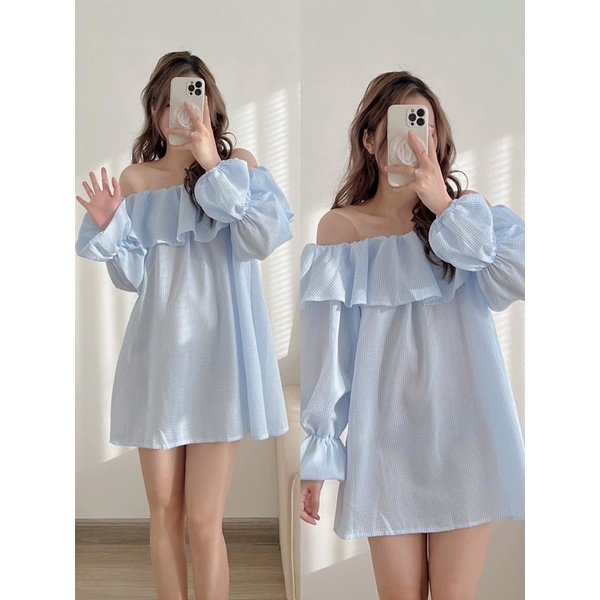 [Ảnh thật/Video]Áo trễ vai kẻ xanh thiết kế bồng bềnh đẹp nhẹ nhàng  Áo trễ vai chất xốp hàn quốc