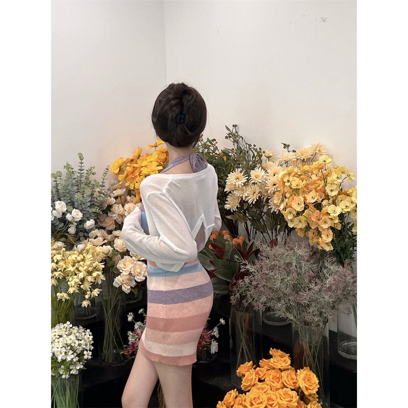 Bộ Áo Khoác cardigan Cổ Tròn + Đầm Hai Dây Dệt Kim Chống Nắng Thời Trang Mùa Hè Phong Cách Hàn Quốc Cho Nữ