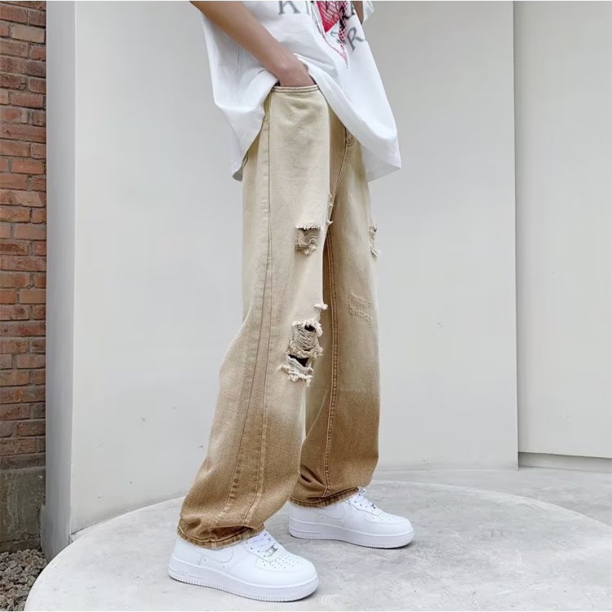 Quần Jeans Dài Rách Gối quần ống suông Thời Trang quần bò nam Dành phong cách Hàn Quốc quần jean nam retro quần bò nam rách gối