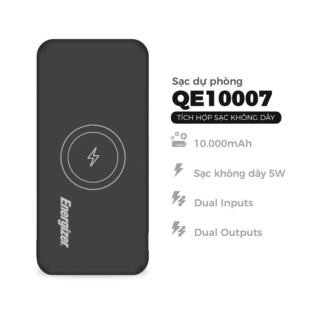 Sạc dự phòng Energizer 10,000mAh /3.7V Li-Polymer - QE10007BK - tích hợp không dây