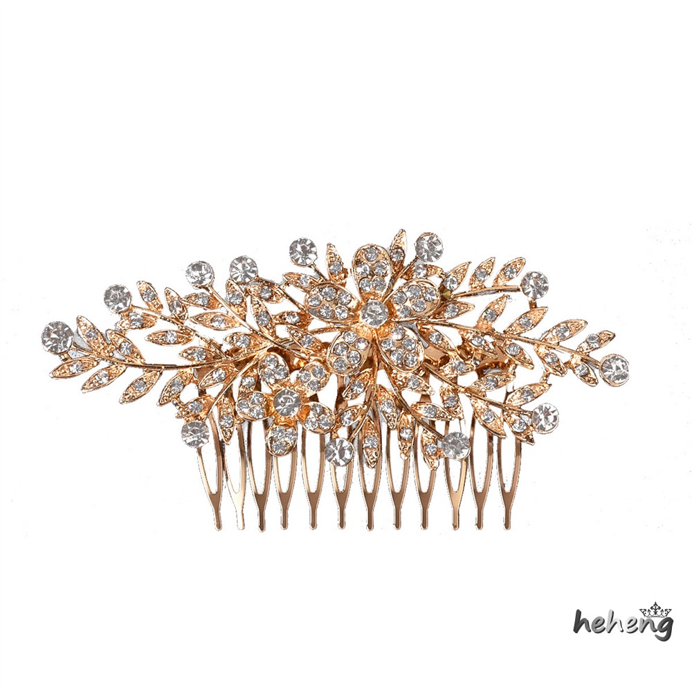 Lược Cài Tóc Hai Mặt Hình Chiếc Lá Đính Đá Chống Trượt Cho Cô Dâu