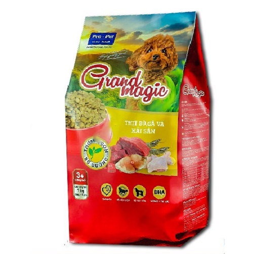 &lt; Túi 1KG &gt; Thức ăn cho Chó - Hạt Grand Magic Dạng viên vị thịt bò, gà và hải sản.