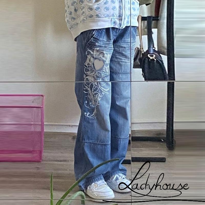 Quần Jeans Denim Lưng Cao Ống Rộng Phong Cách Vintage Đường Phố Cho Nữ
