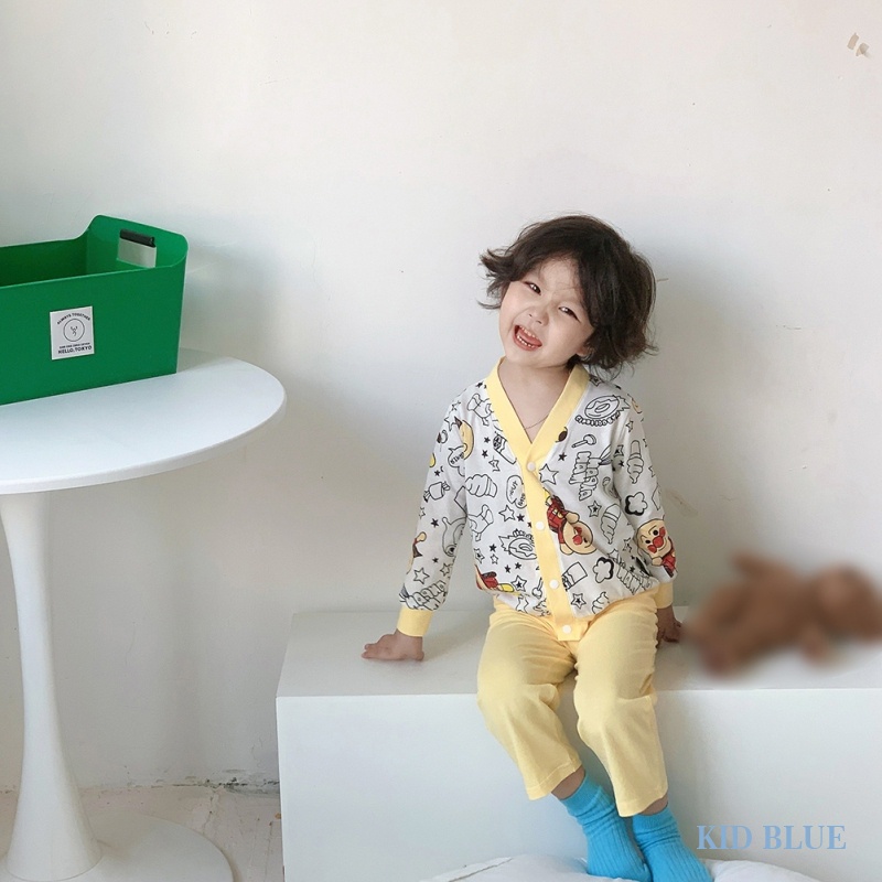 Bộ Đồ Mặc Nhà Cổ V Cài Nút In Hoạt Hình Dễ Thương Cho Bé