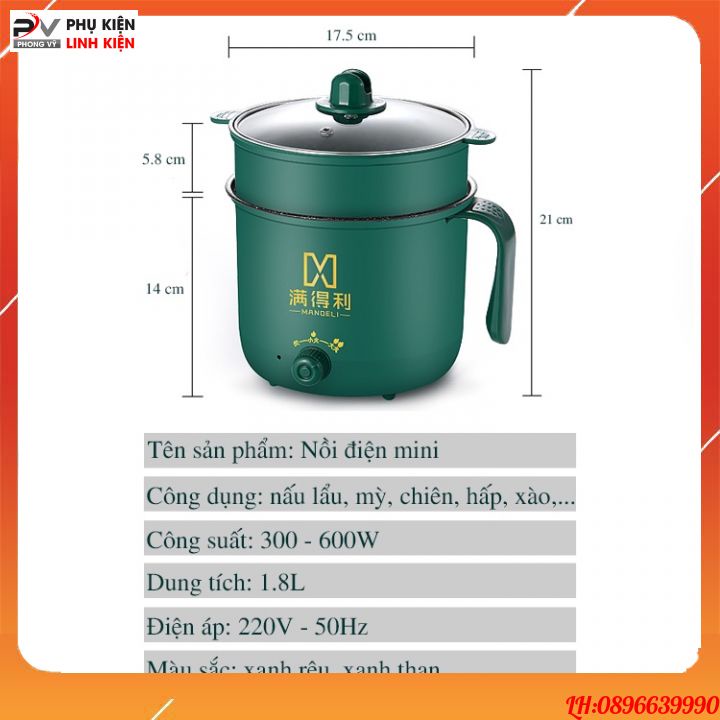 Nồi lẩu mini đa năng 2 tầng ca nấu mì điện núm xoay 2 nấc nhiệt kèm giá hấp 1,8L SHANBAN