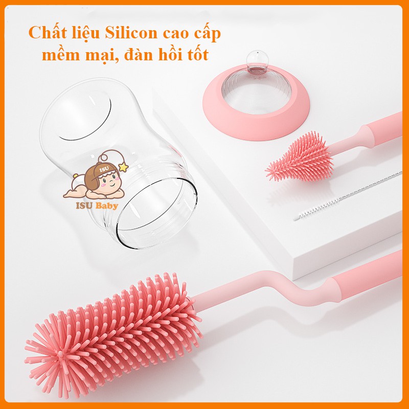 Set 3 dụng cụ cọ rửa vệ sinh bình sữa bằng silicon cao cấp, có thể tiệt trùng, dễ sử dụng Shop ISU Baby