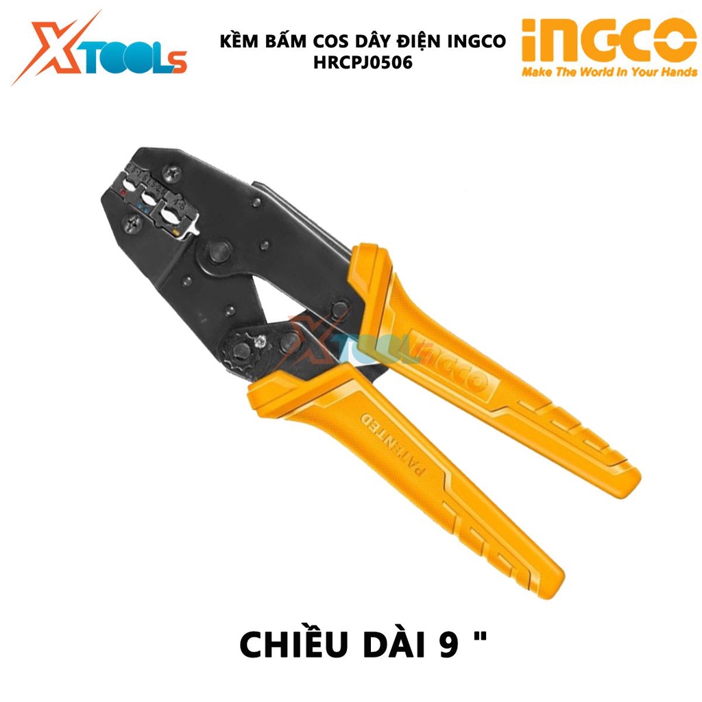 Kềm bấm cos dây điện INGCO HRCPJ0506 | Kìm cắt tuốt kem bánh cóc Chiều dài: 9 &quot; Phạm vi bấm: 0,5-6mm², Cách điện AWG: 20