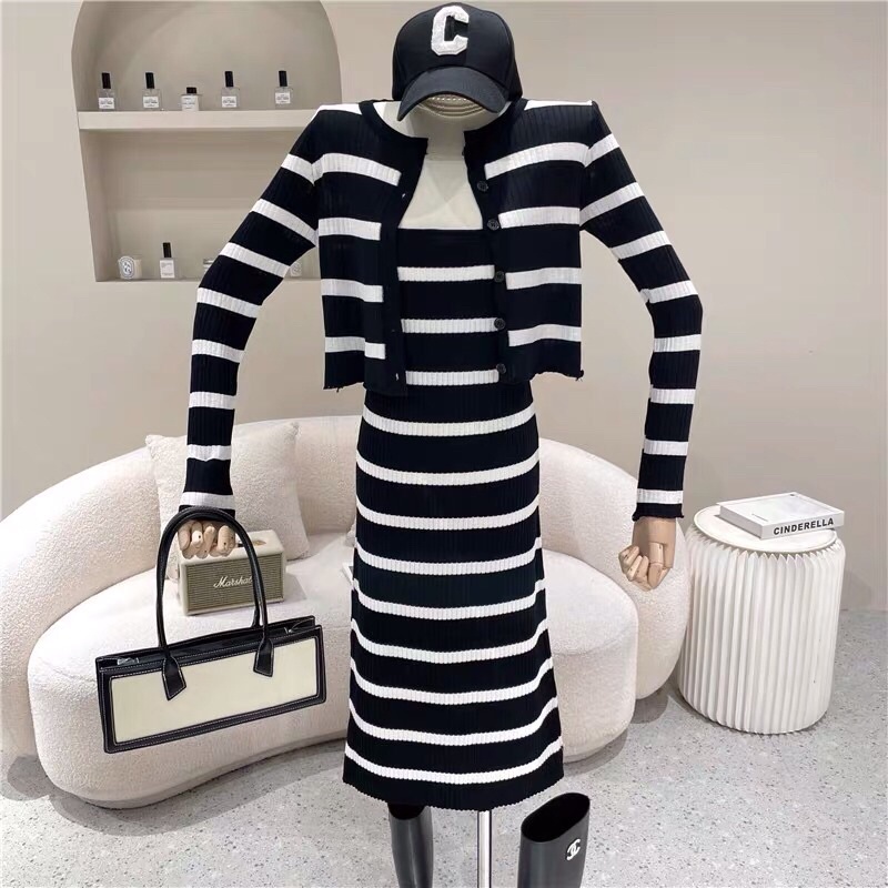 Set váy len basic : đầm váy len 2s 2 dây body + áo choàng len cardigan