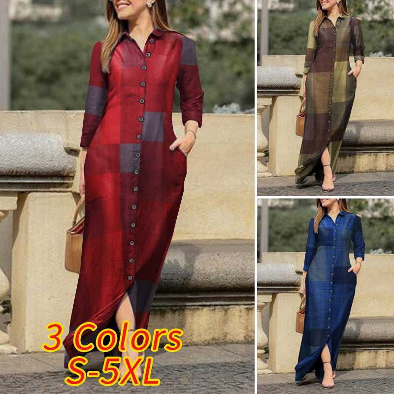 Đầm Dài VONDA Cổ Bẻ Tay Dài Có Khuy Gài Màu Trơn Thông Thường Dành Cho Bạn Nữ | BigBuy360 - bigbuy360.vn