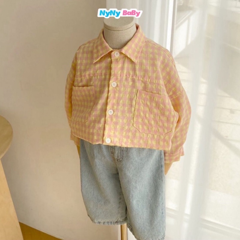 Áo Sơ Mi Form Rộng Cho Bé Trai Bé Gái Dáng Thụng Vải Cotton Thô Mềm Họa Tiết Kẻ Caro Nyny Baby  Từ 1-7 Tuổi