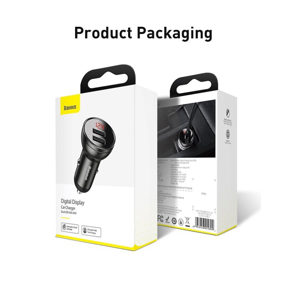 Tẩu sạc ô tô Baseus 24w 2 cổng - cốc sạc oto trên xe hơi có đèn led hiển thị
