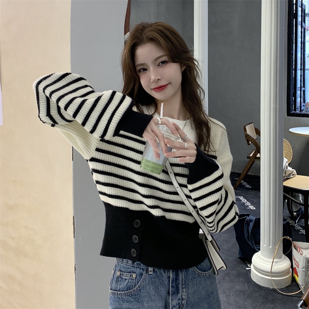 Áo len ZHELIHANGFEI tay dài họa tiết kẻ sọc xẻ tà thời trang cho nữ