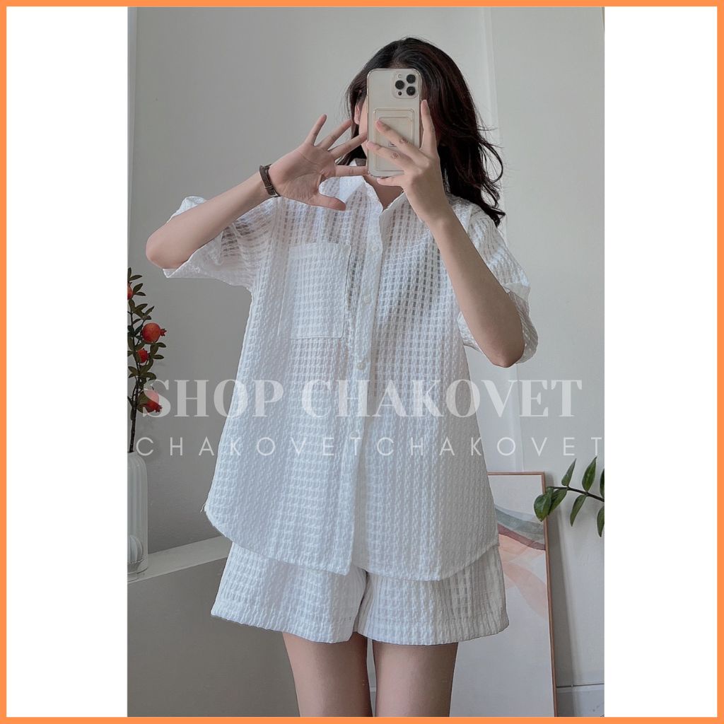 Set áo sơ mi nữ Hàn Quốc cực Hot S8393 bộ đồ nữ áo tay ngắn kẻ chìm dáng rộng kèm quần sooc Ulzzang siêu xinh - CHAKOVET