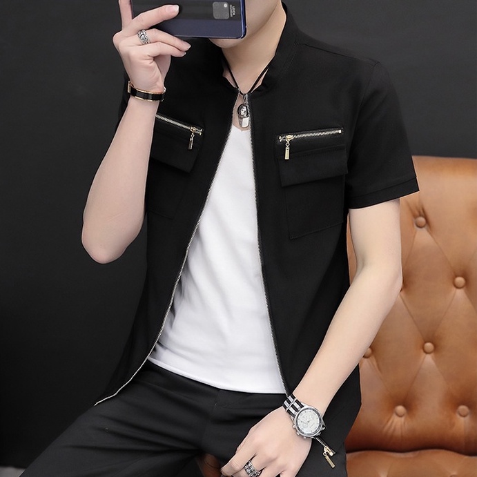 Áo sơ mi, áo sơ mi nam cộc tay T11 khóa kéo vải nonchun co giãn, hàng thiết kế cao cấp