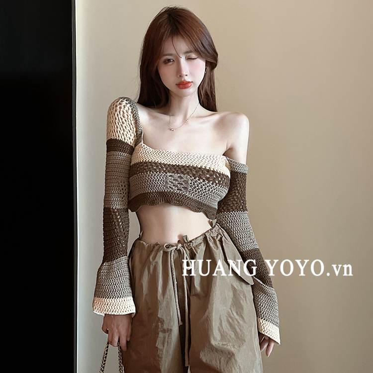 HUANG YOYO Áo Len Tay Dài Cổ Vuông Họa Tiết Kẻ Sọc Màu Sắc Tương Phản Phong Cách Hàn Quốc Thời Trang Cho Nữ