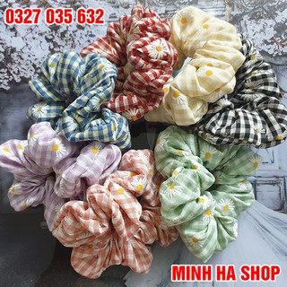 Dây Buộc Tóc , Cột Tóc Vải Scrunchies Kẻ Caro Hoa Cúc Cao Cấp