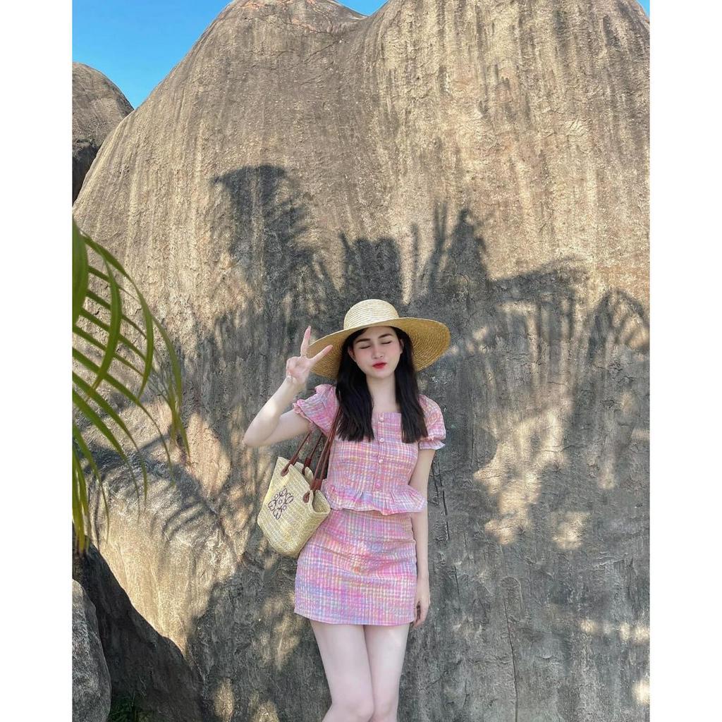 Set áo váy nữ tay bồng Quảng Châu thiết kế áo cổ vuông và chân váy ngắn chữ A siêu xinh