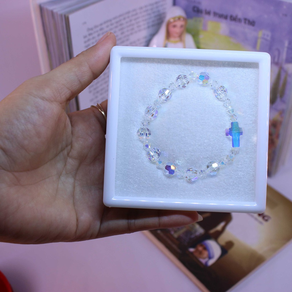 Vòng tay chuỗi mân côi pha lê Áo Swarovski cao cấp hạt tròn giác cạnh 8ly