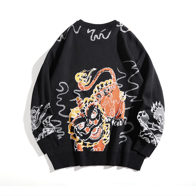 Áo Sweater Dệt Kim In Hình Sư Tử Kiểu Trung Hoa Thời Trang Thu Đông Cho Nam