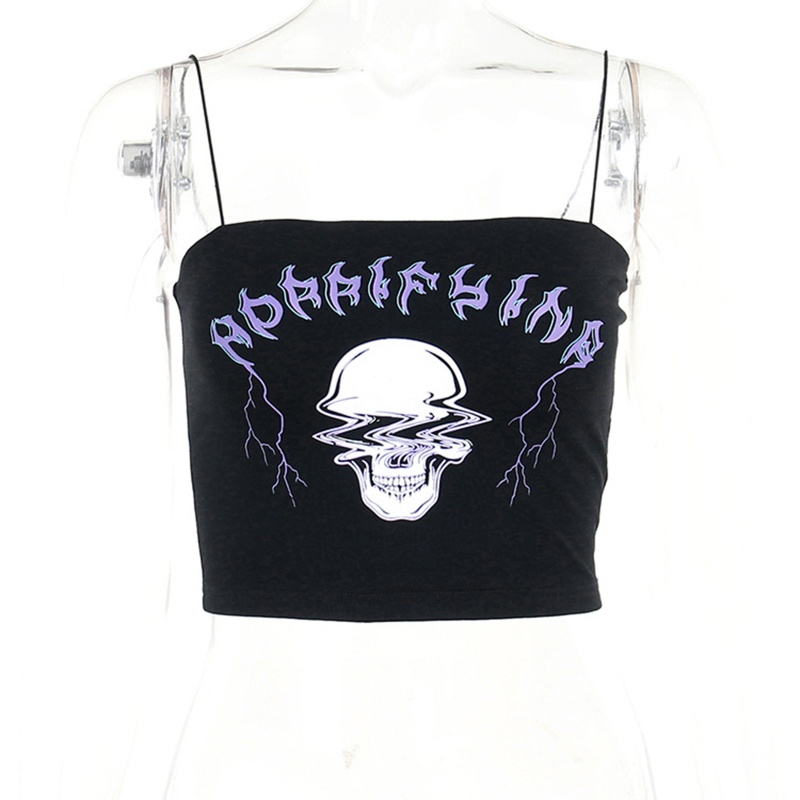 Áo Croptop Trễ Vai Hai Dây In Họa Tiết Đầu Lâu Phong Cách Gothic Harajuku Punk Cho Nữ