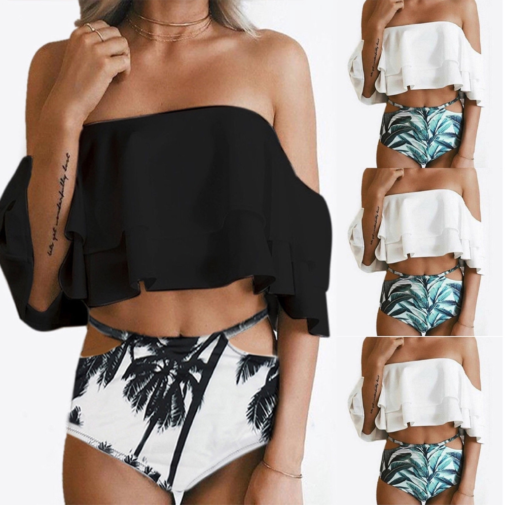 Bikini trễ vai phối bèo hoạ tiết hoa cho phái nữ