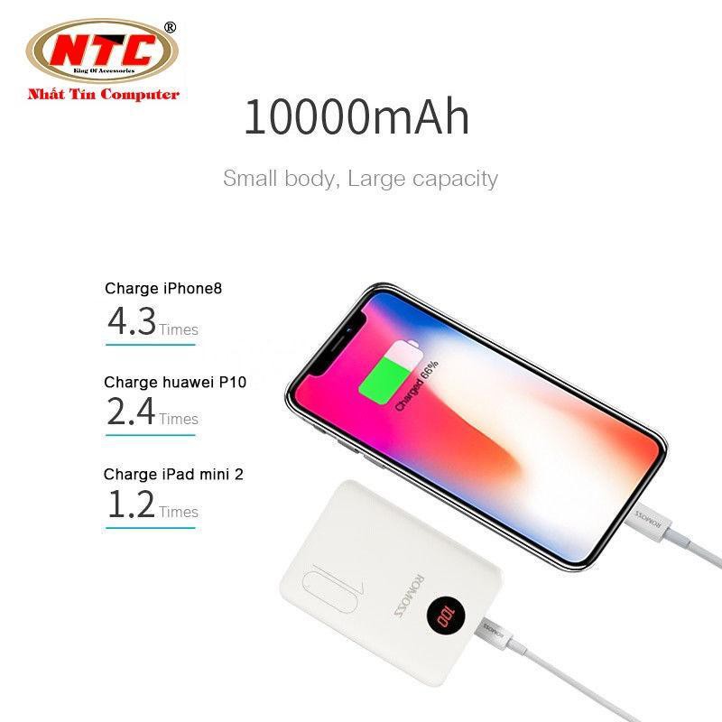 Pin sạc dự phòng Romoss OM10 10000mAh mini có LCD - Tặng cáp Basues 23cm TypeC (Trắng)