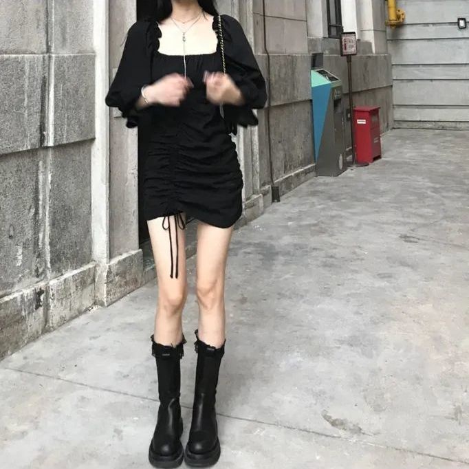 COZOK Đầm tay dài cổ vuông ôm eo phong cách retro