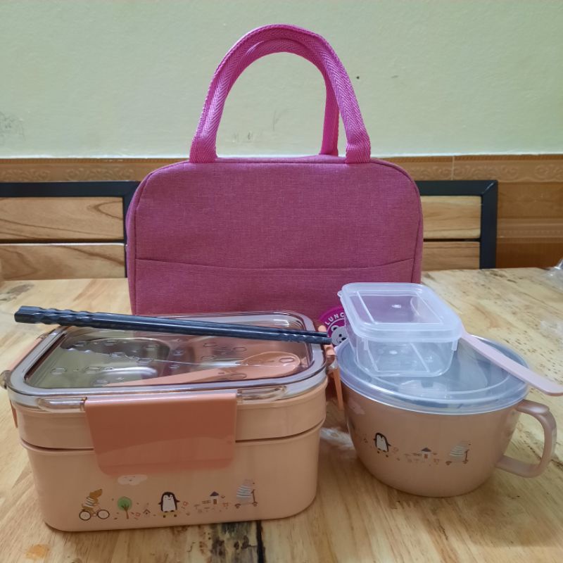 Hộp cơm văn phòng,hộp cơm trưa 2 tầng 3 ngăn kèm túi đựng giữ nhiệt gấu