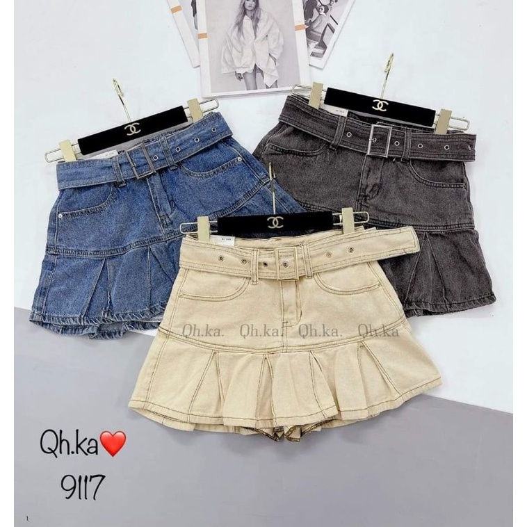 Chân váy bò xếp ly đai hàng QCL1