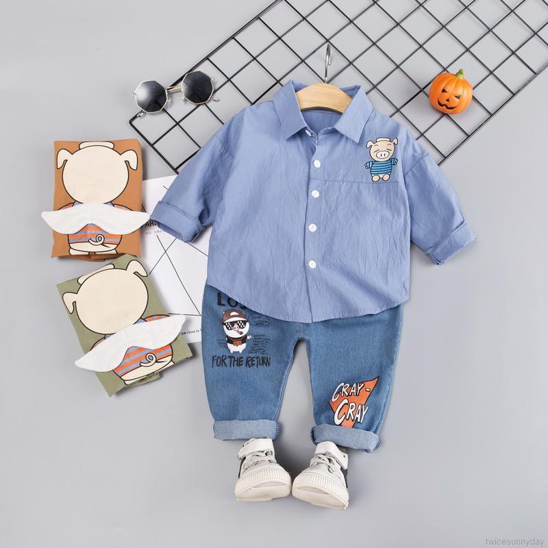 Set áo sơ mi + quần họa tiết hoạt hình xinh xắn dành cho bé trai