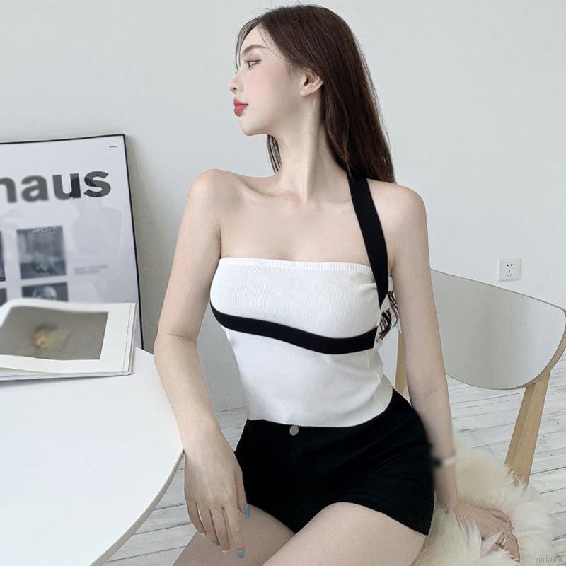 Áo croptop không tay cổ yếm màu sắc tương phản thời trang Hàn Quốc mùa hè cho nữ
