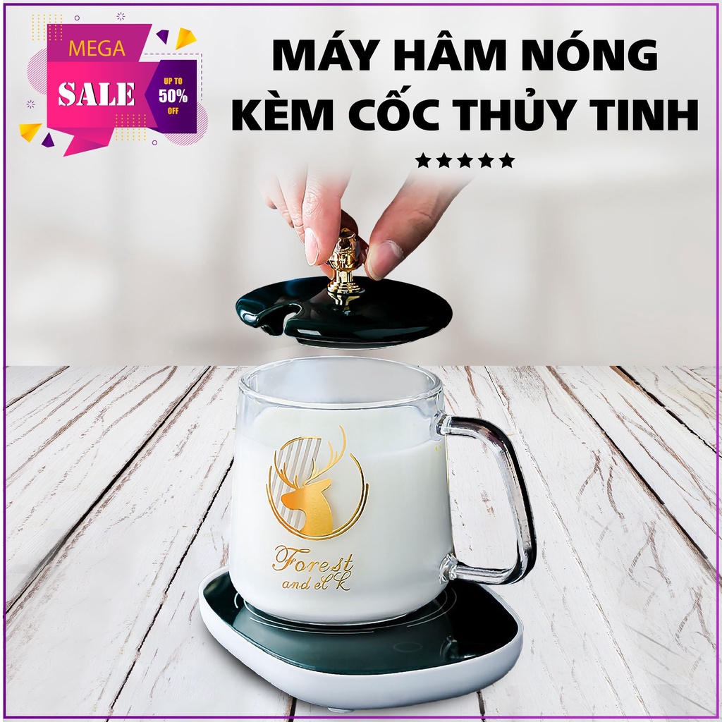 [GIÁ RẺ NHẤT] Cốc hâm nóng  Ly thủy tinh kèm đế điện hâm nóng cafe, sữa, trà Tặng kèm thìa mạ vàng