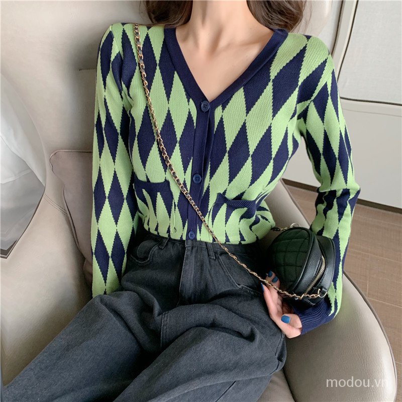 Áo Khoác Cardigan Dệt Kim Tay Dài Cổ Chữ V