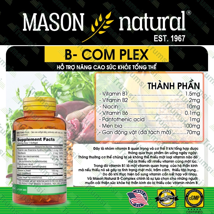 Viên uống Mason Natural B-Complex tăng cường sức khỏe tổng thể hỗ trợ giảm stress căng thẳng mệt mỏi hiệu quả chính hãng